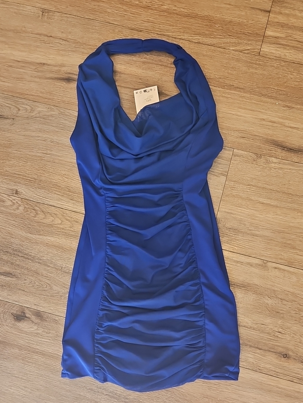 Zara NWT Royal Blue Cowl Neck Halter Ruched Mini Dress Extra Small
